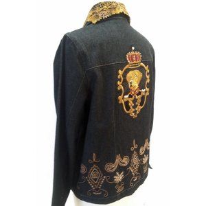 Art-ified Noble Dog denim jean jacket black & gold embellished embroidered lace